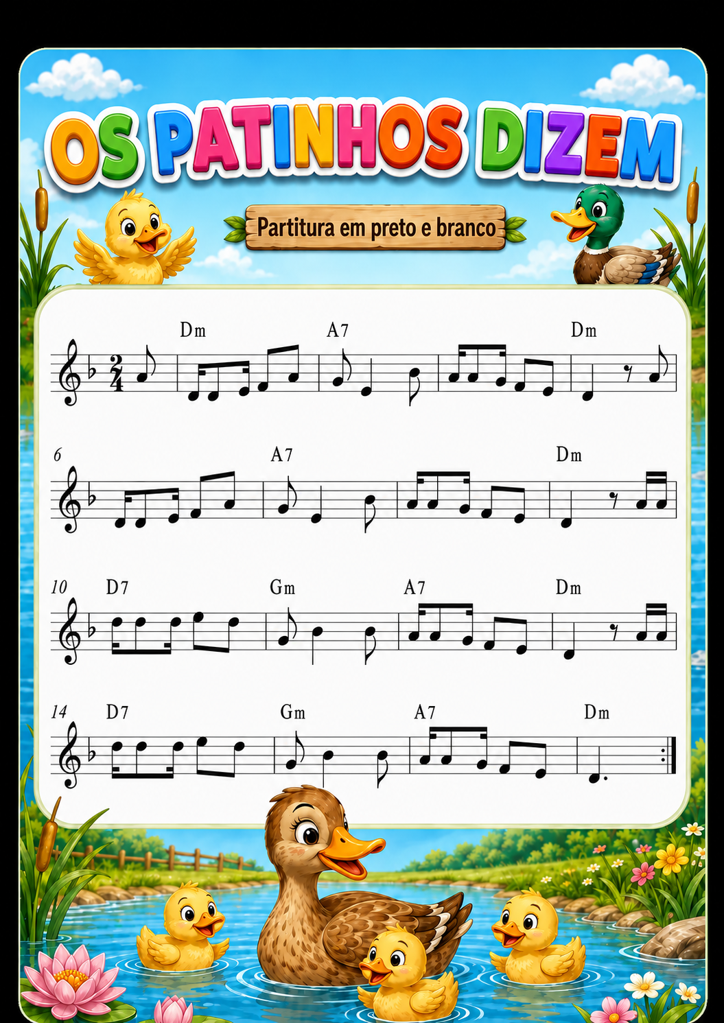 Partitura em preto e branco da música Os Patinhos Dizem