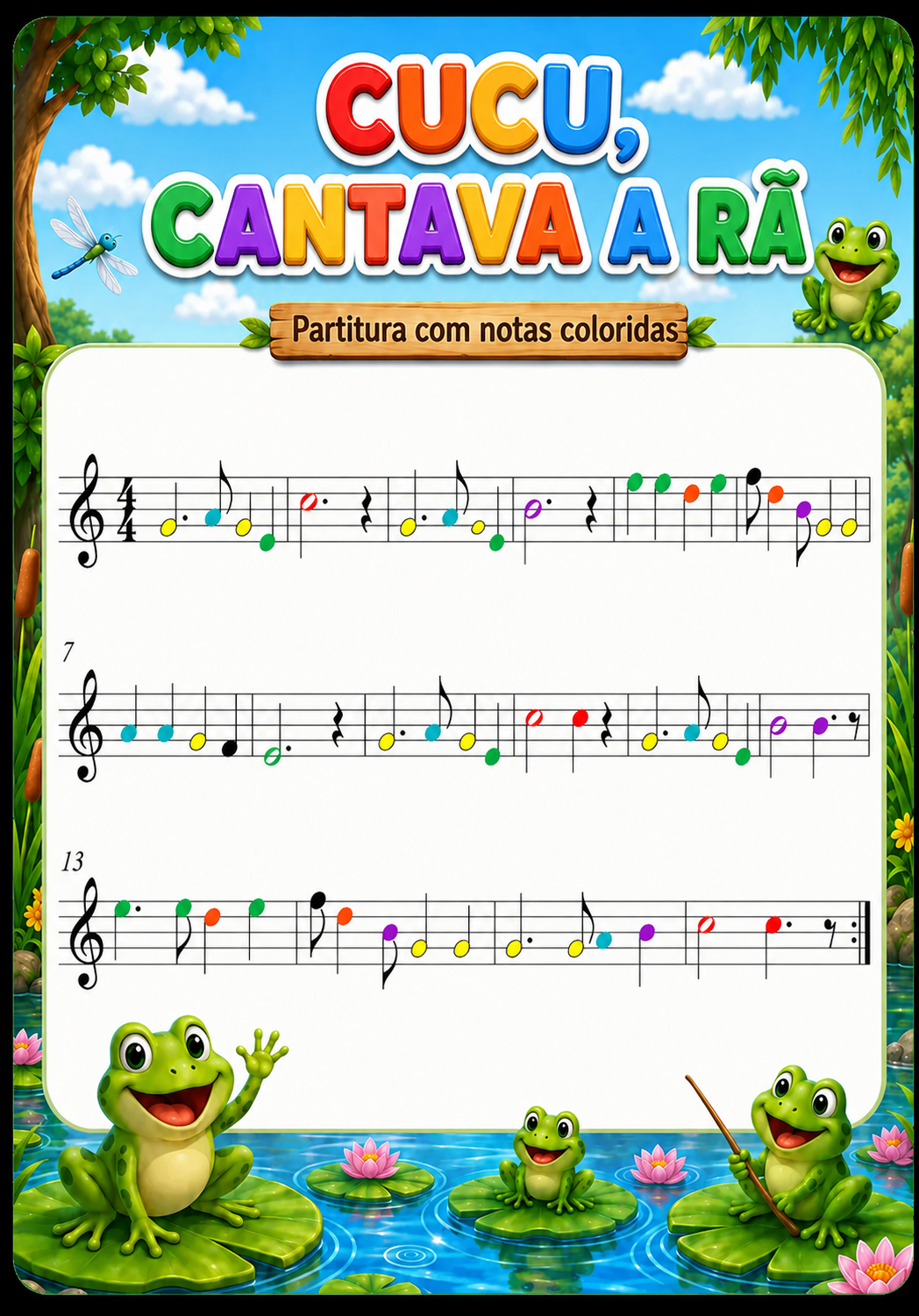 Partitura com notas coloridas da música Cucu, Cantava a Rã