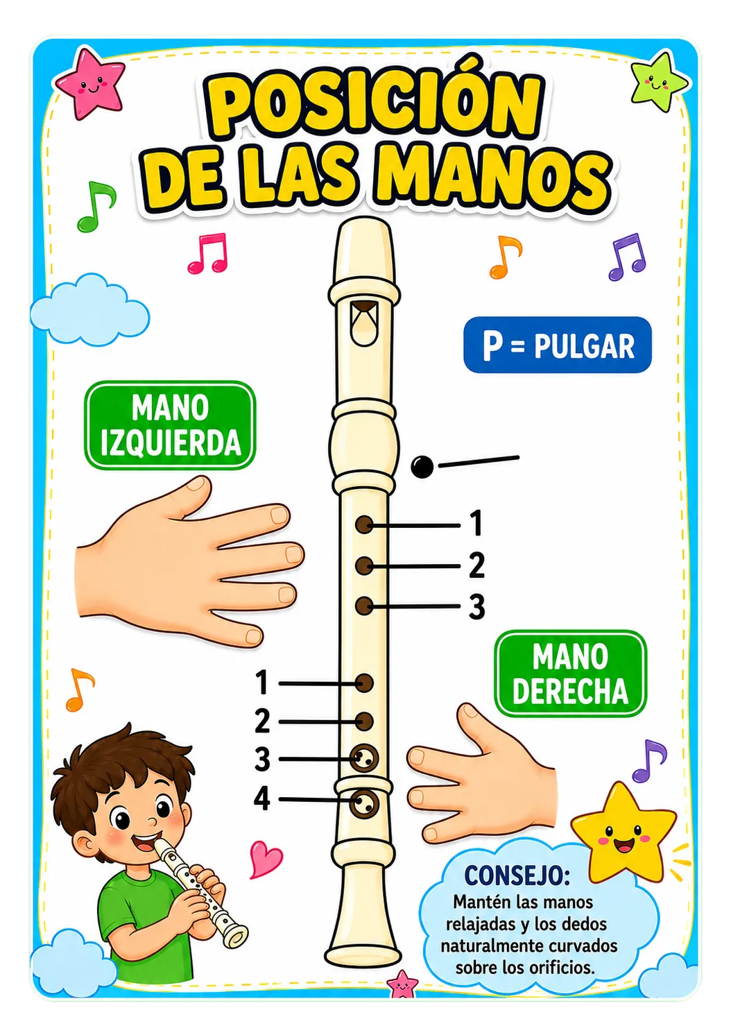 Material visual sobre a posição das mãos na flauta doce
